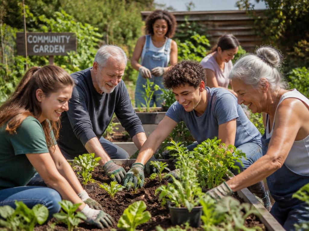 Members of all ages working together in a community garden