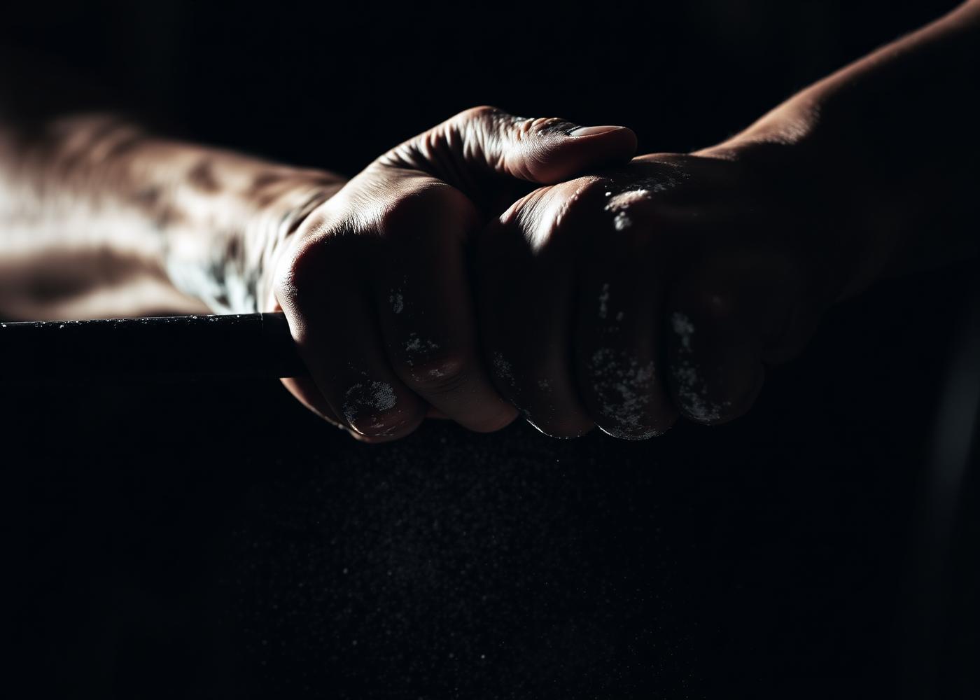 Chalked hand gripping a barbell