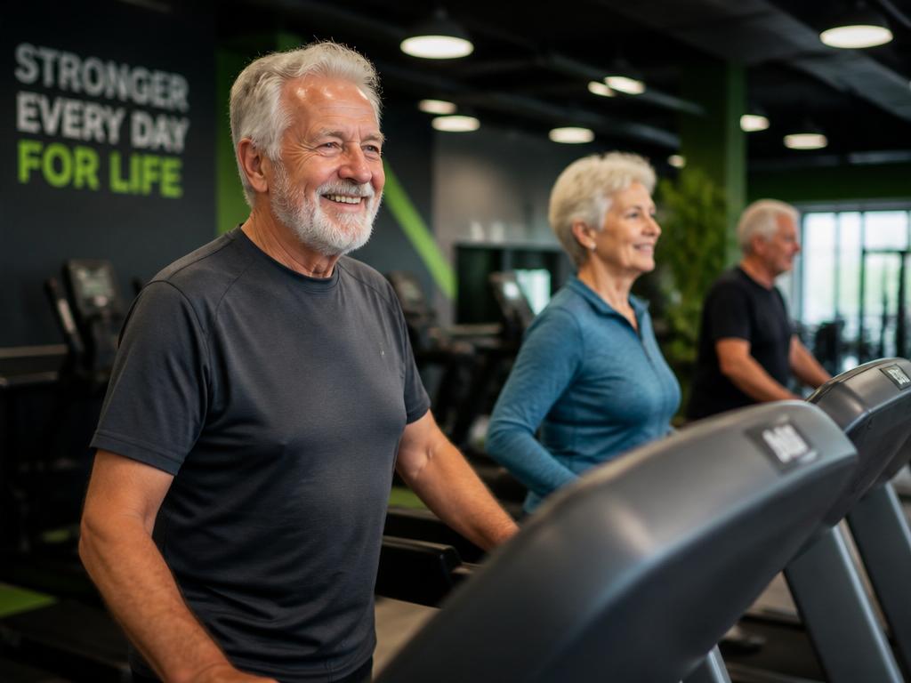 Senior members walking on treadmills in a clean gym
